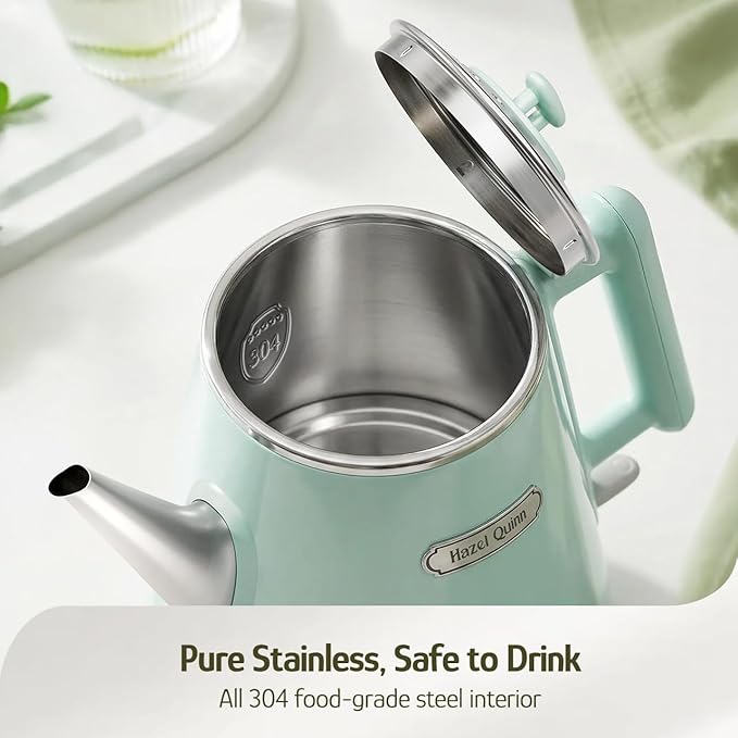 Hazel Quinn Electric Kettle - 1L/34oz Small Tea Kettle, 800W Fast Boil, All 304 Stainless Steel Interior, Double Wall for Cool Touch and Thermal, Auto Shut-Off, BPA-Free, Cordless - Mint Green