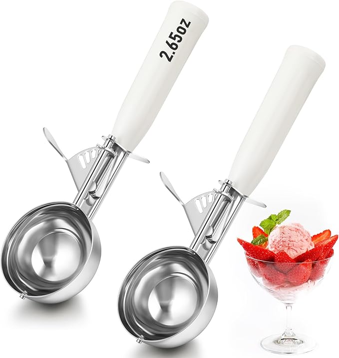 Reallnaive 2 Pcs Release Cookie Scoops Ice Cream Scooper with Trigger Release Portion Scoop Stainless Steel for Portion Control, Baking Food, Cookie Dough (2.65 oz,Ivory)