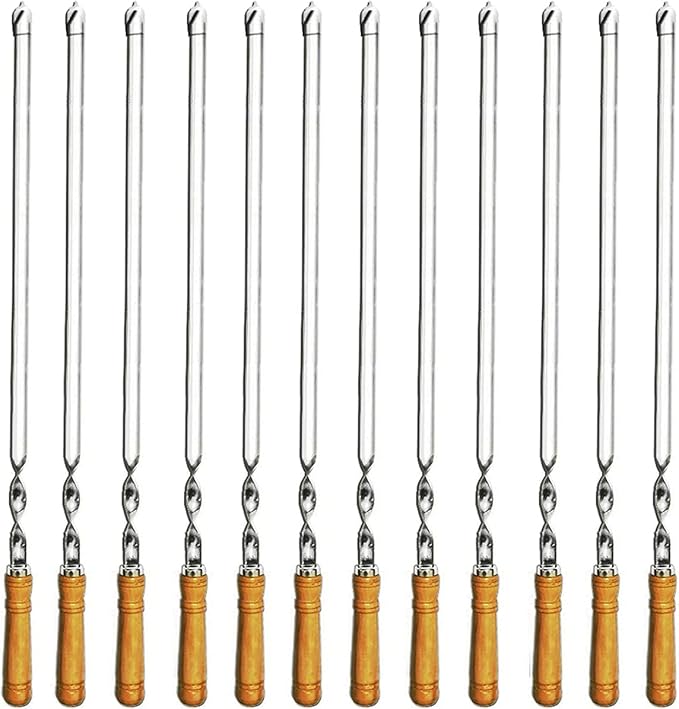 12 Pack Kabob Skewers BBQ Barbecue Skewers Stainless Steel Sticks 22 Inch Heavy Duty Large Wide Reusable with Nonslip Wooden Handle Ideal for Shish Kebab Chicken Shrimp and Vegetables