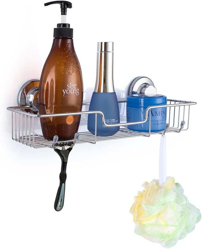 SANNO Suction Cup Shower Caddy with Hooks,Powerful Suction Cup Bathroom Shower Caddies,Bath Shelf Storage Combo Organizer Basket, Bathroom Accessories for Shampoo Conditioner set of 2