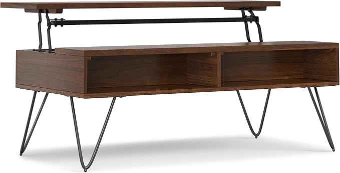 SIMPLIHOME Hunter Lift Top Coffee Table - 48 inch Wide Walnut Veneer and Metal Industrial Cocktail Table, Functional Living Room Table with 2 Storage Cubbies and Hairpin Legs