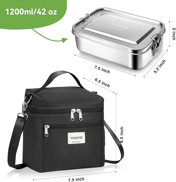 Voova Stainless Steel Lunch Box with Lunch Bag for Women Men Adult, (42oz/1200ml) Leakproof Metal Bento Box with Free Sealing, Insulated Lunch box for Work, Black