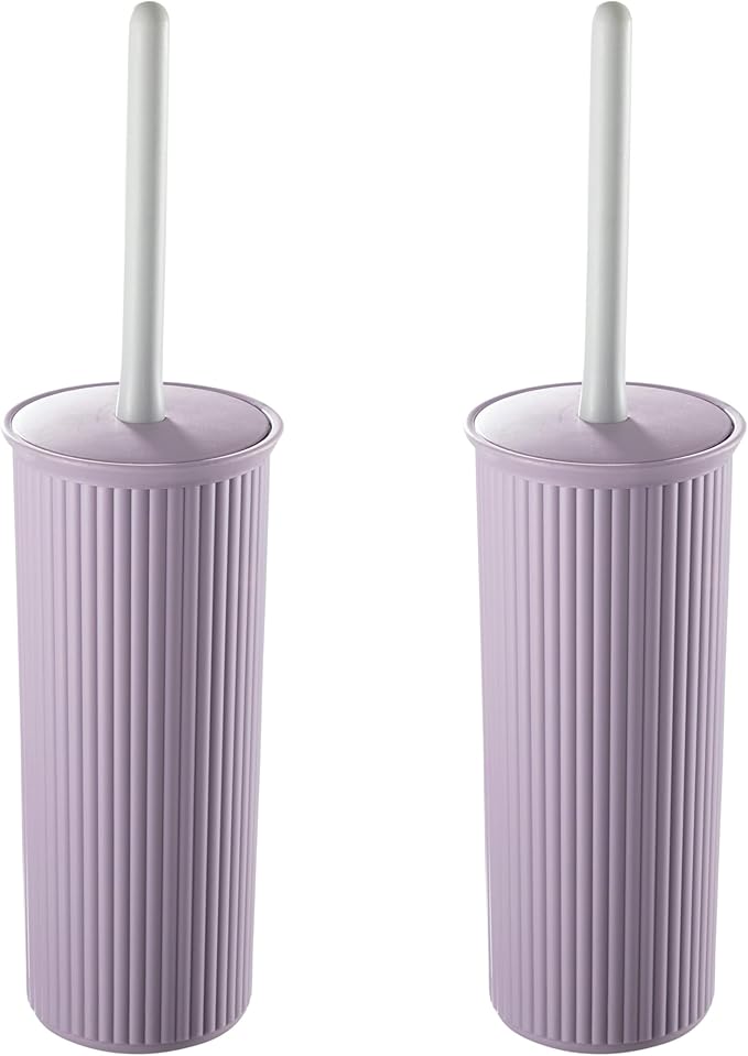 Decorative Plastic Toilet Bowl Brush and Holder Set, Lilac Purple (2 Pack) Cleaner Scrubber for Bathroom - Ribbed Design