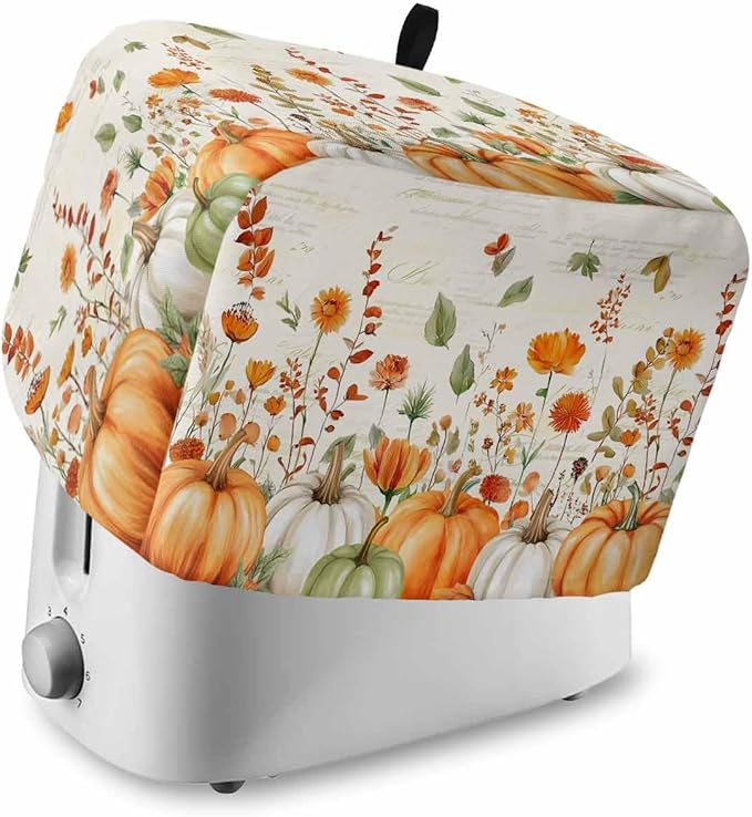 Orange White Pumpkins Fall Toaster Cover 2 Slice, Thanksgiving Botanical Leaves Dustproof Bakeware Oven Protector with Top Hook, Retro Waterproof Small Kitchen Appliance Toasters Dust Cover, 11"x6"x8"