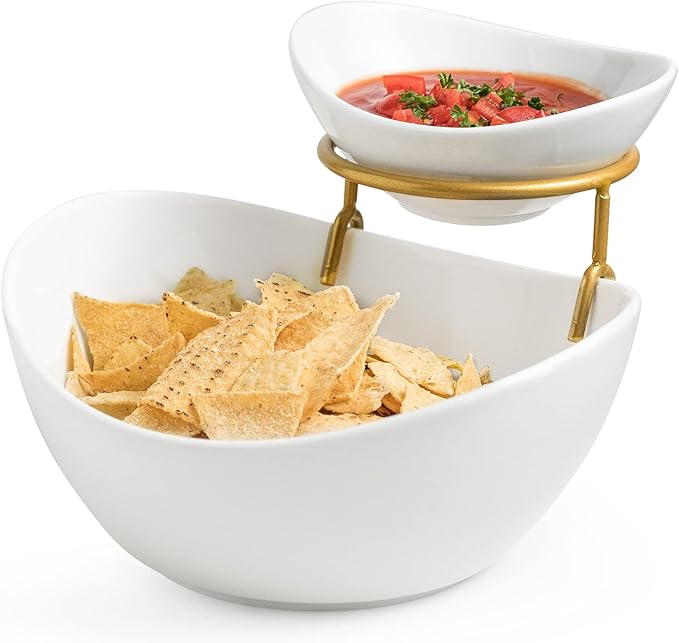 Miamolo Porcelain Serving Bowl Set for Appetizer Serving Dishes Set with 2 Compartment, Chip and Dip Taco Rack Display Salad Bar Serving Set, Gold Stand