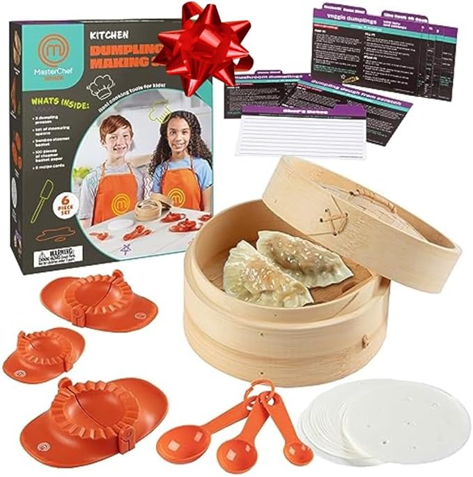 MasterChef Junior Kids Dumpling Making Set- 5 Pc Kit- Real Cookware Includes Recipes, Steamer Basket, Mold, Press Measuring Spoons Steamer Paper, Homemade Cooking Party for Dim Sum Soups Chinese Food