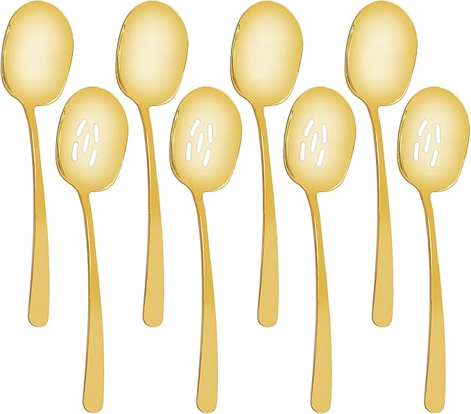 8 Pieces Extra Large Serving Spoons Set, 11 Inch Serving and Slotted Spoon, Stainless Steel Cooking Spoons, Serving Utensils for Kitchen Buffet Parties (Gold)
