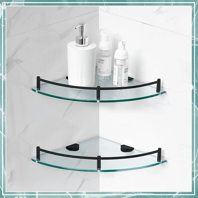 Crowye 4 Pcs Corner Shower Shelf 2-tier Glass Corner Shelf Stainless Steel Wall Mounted Bathroom Organizer for Storing Shower Gel Shampoo Brush, 9.25 Inches (Black)