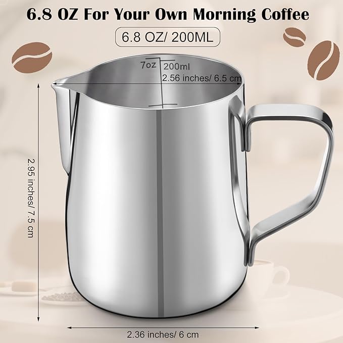 Honeydak 12 Pcs Milk Frothing Pitcher 304 Stainless Steel Steaming Pitchers for Coffee Bar Cappuccino Barista Tools Milk Jug Steamer Frother Cup (7 oz,Silver)