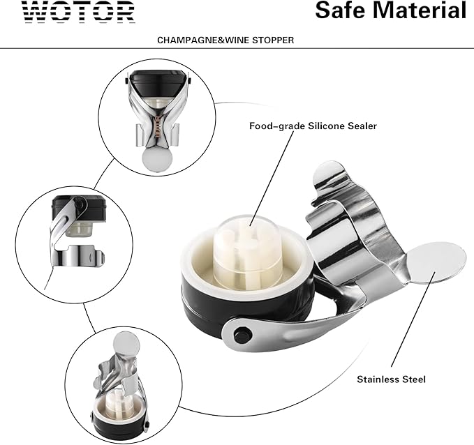 WOTOR Champagne&Wine Bottle Stoppers Stainless Steel with Food Grade Silicone, Leak Proof Keep Fresh Reusable Saver, Cork Suitable for Wine, Champagne, Cava, Prosecco and Sparkling (2 Pack Silver）