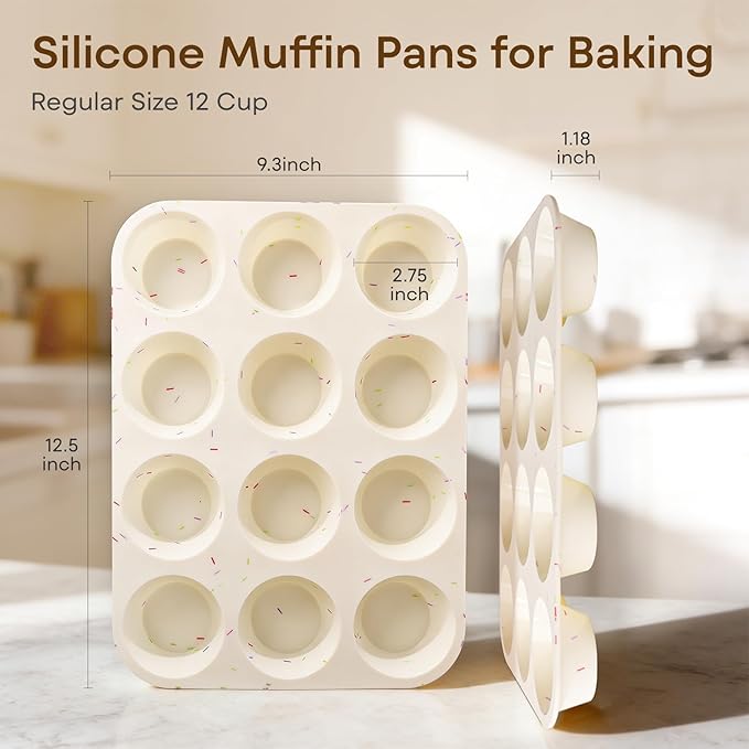 Silicone Muffin Pans for Baking Nonstick 2 Pcs, 12 Cup Regular Cupcake Pan, Food-Grade Silicone Baking Molds for Cupcakes, Egg Bites, Freezer, White