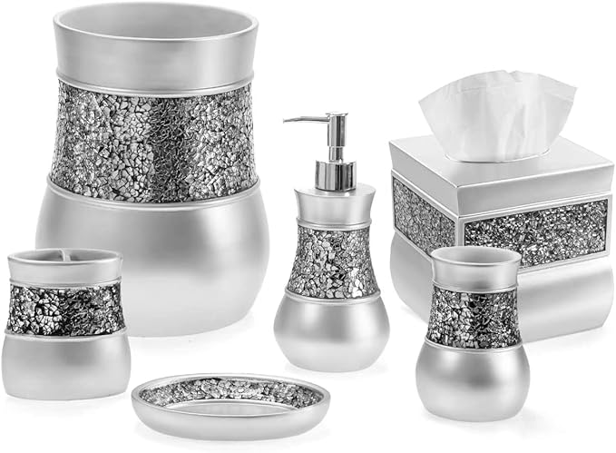 Creative Scents Crackled Glass Silver Small Bathroom Trash Can 2.06 Gal / 7.8L – Decorative Waste Basket for Bathroom, Powder Room or Bedroom - Durable Mini Wastebasket with Beautiful Crackled Glass
