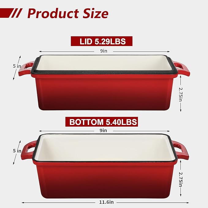 Wildone Enameled Cast Iron Bread Loaf Pan with Lid, 9x5 Sourdough Baking Pans for Homemade Bread, Cake, Meatloaf, Even Heating Bread Pans, 2-Piece Set, Red