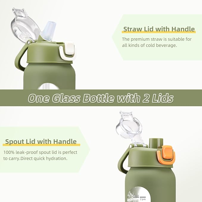 chunmo 24 oz Glass Water Bottles with 2 Lids-Handle Spout Lid & Straw Lid, Motivational Water Bottle with Time Marker and Silicone Sleeve,Leakproof-Army Green-1 Pack