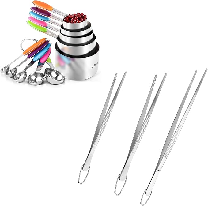 U-Taste Measuring Cups and Spoons Set:18/8 Stainless Steel 10 Pieces Metal Measure set (Multicolors),and 8"+10"+12" Kitchen Cooking Tweezer: 18/8 Stainless Steel Food-Grade Food Tong (Pointed Tip)