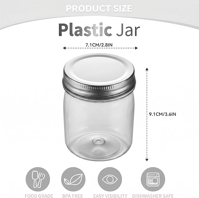 novelinks 8 oz Clear Plastic Jars with Airtight Lids, 32 Pack Plastic Mason Jars with Lids 8oz, Refillable Storage Slime Containers & Small Spice Jar for Kitchen Organization (32 Pack,Silver)