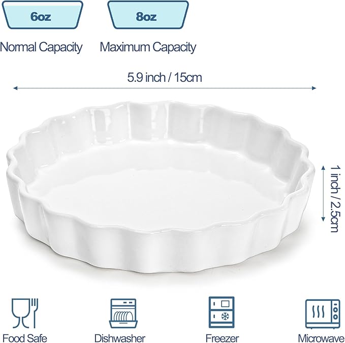 Foraineam 10 Pack 8 oz Creme Brulee Ramekins, 6 Inch Round Fluted Quiche Dishes, Porcelain Pie Pan Shallow Baking Dish Oven Safe for Baking Souffle, Apple Pie, Quiche, Tart