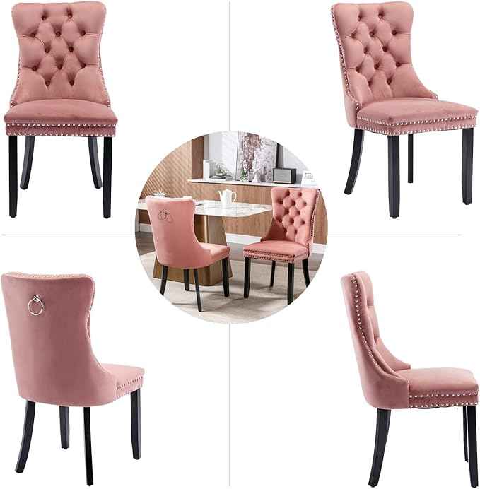 Pink Velvet Dining Chairs Set of 6, Upholstered Dining Room Chairs with Back Ring Pull Trim and Solid Wood Legs, Tufted Wingback Kitchen Chairs for Dining Room,Living Room,Kitchen(Pink)