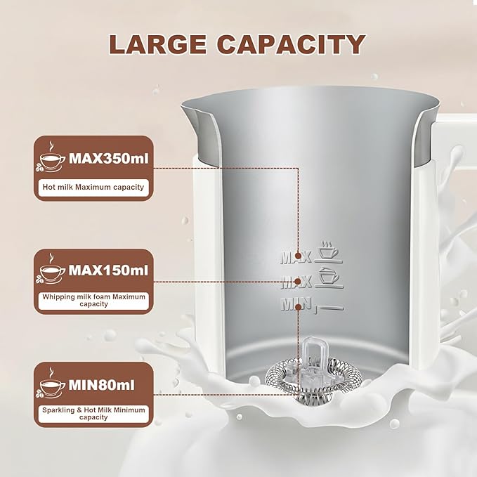 4 in 1 Electric Milk Frother Automatic Hot & Cold Foam Maker Auto Shut-Off Durable Stainless Steel Milk Frother Silent Working Easy to Clean for Cappuccino, Hot Chocolate (White)