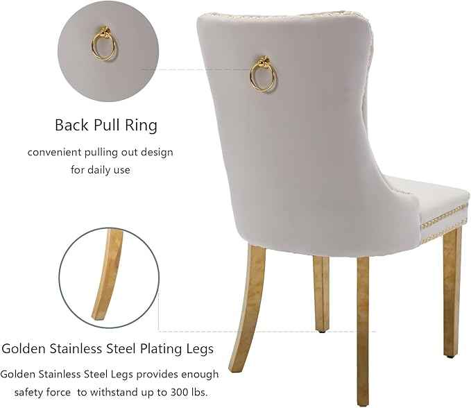 Beige Velvet Dining Room Chairs Set of 2, Upholstered Dining Chairs with Back Ring Pull Trim and Golden Stainless Steel Legs,Modern Kitchen Chairs for Dining Room,Living Room,Kitchen(Beige)