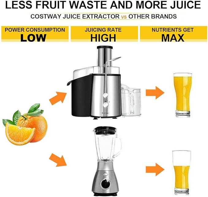 COSTWAY Juice Extractor, 75MM Wide Mouth Stainless Steel Juicer Machines, 2-Speed Setting High Speed Masticating Juicer Machine for Fruits and Vegetable with Slag Pot and Juice Jug, BPA-Free