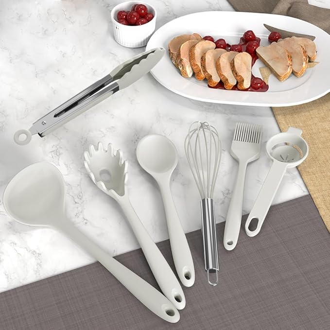 AOTHOD Silicone Cooking Utensils Set - 446°F Heat Resistant Silicone Kitchen Utensils,Spatula,Spoon, Kitchen Utensil Sets Gadgets Tools Set for Nonstick Cookware,Dishwasher Safe Bpa Free (Cream White)