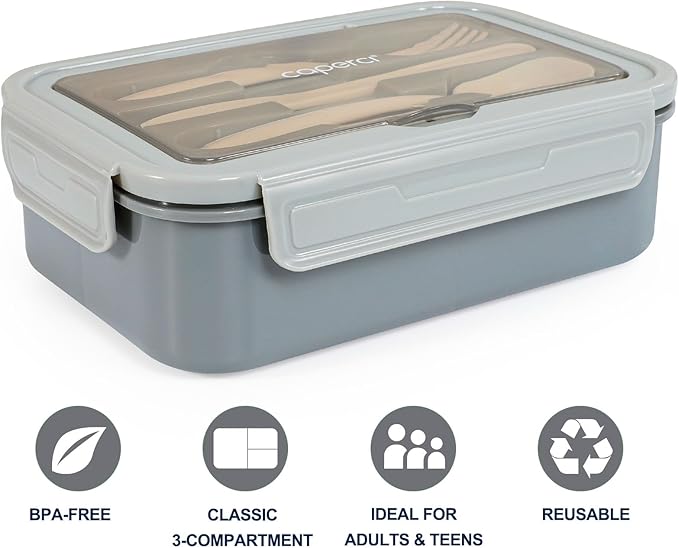 Caperci Classic Bento Box Adult Lunch Box for Older Kids - Leakpoof 47 oz 3-Compartment Lunch Containers for Adults and Teens, Built-in Utensil Set, Ideal for On-the-Go Balanced Eating, Gray