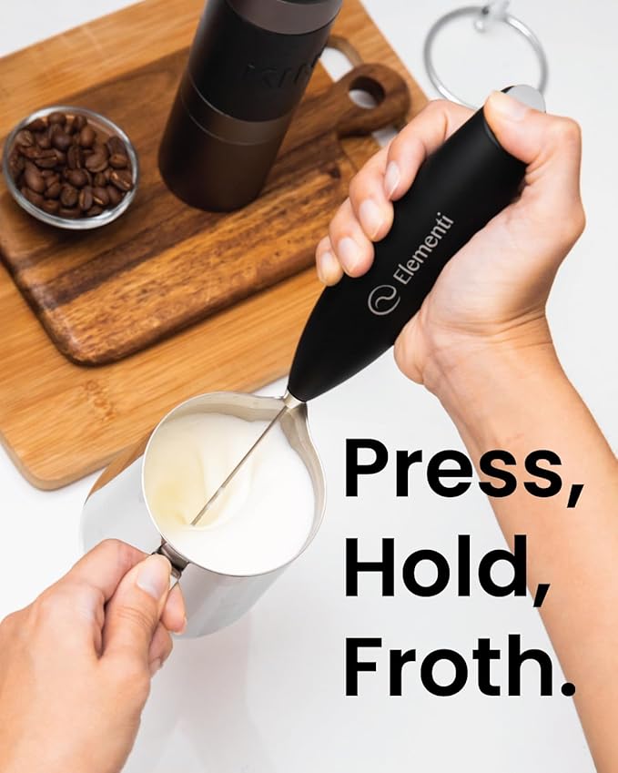 Elementi Coffee Mixer Wand & Drink Mixer with Stand - Powerful Coffee Frother Handheld Milk Frother Wand - Hand Held Milk Foamer to Make Perfect Cappuccinos, Lattes & Drink Mixes at Home (Mocha)