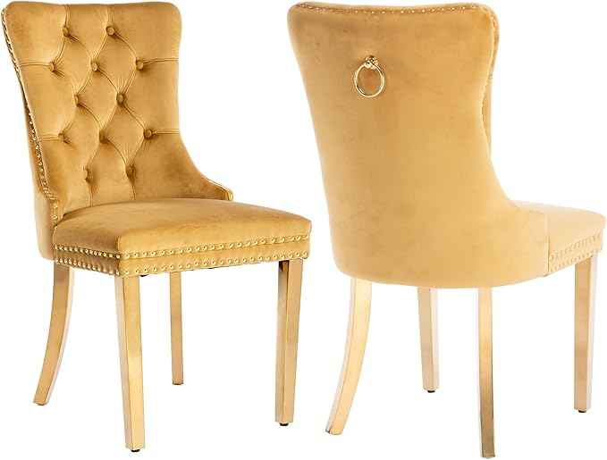 Gold Velvet Dining Chairs Set of 2, Kitchen & Dining Room Chairs, Tufted Upholstered Dining Room Chair, Back Ring Pull Trim, Golden Stainless Steel Legs, Gold