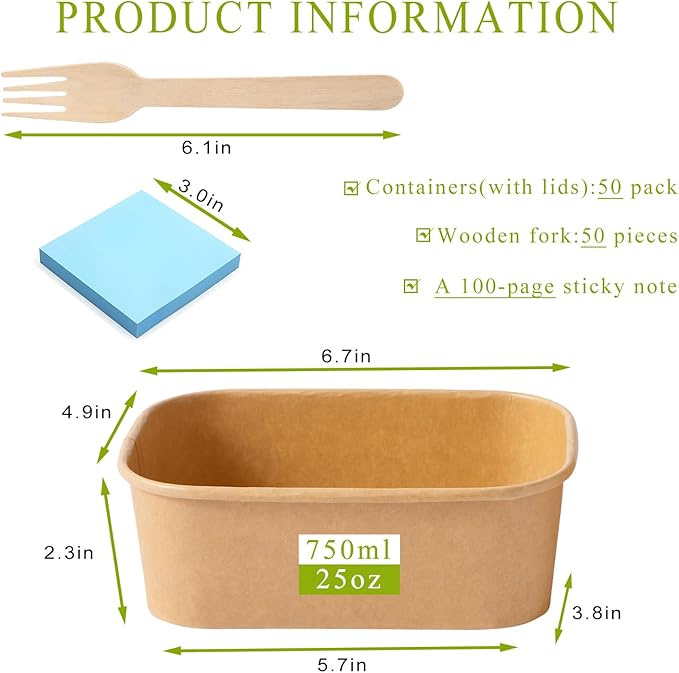 MINCOCO 50 Count Disposable Paper Bowls with Lids Meal Prep Containers 【Includes 50 Wooden Forks + 100 Labels】 Salad Food Containers Freezer & Microwave Safe Leakproof Soup Bowls (25 Ounce, 50-Count)