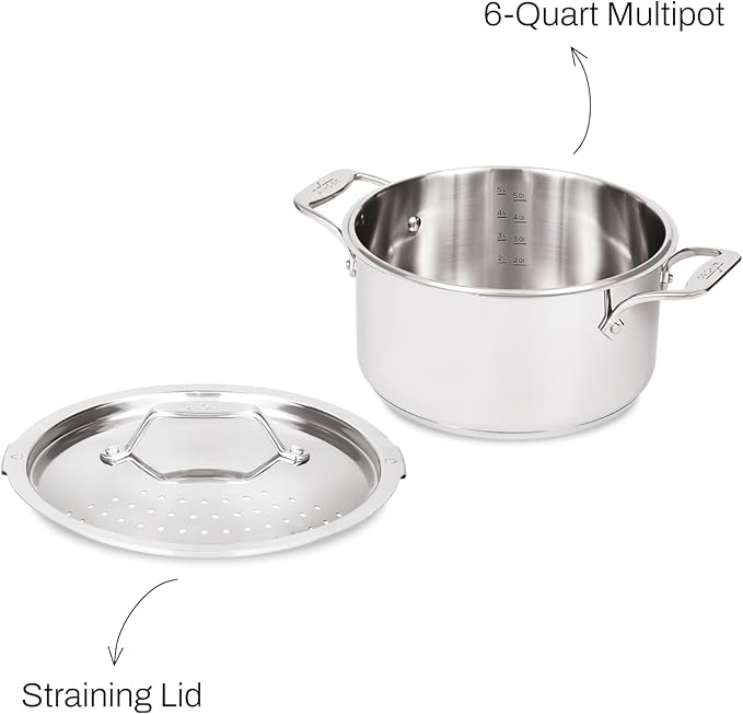 All-Clad Simply Strain Stainless Steel Multipot with Straining Lid, 6-Quart, Induction, Oven Broiler Safe 600F, Strainer, Pasta Strainer with Handle, Steamer Pot, Cookware, Home, Pots and Pans, Silver
