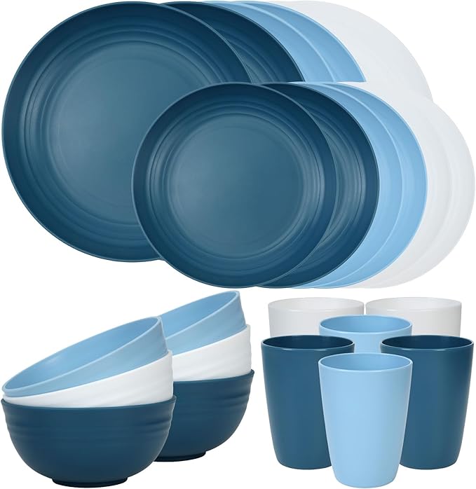 Quatish 24 Piece Plates and Bowls Sets for 6, Unbreakable Dinnerware Sets, Dish Set for Camping, Dishwasher Microwave Safe, Outdoor Kitchen and Apartment Dinning RV Essentials, Blue