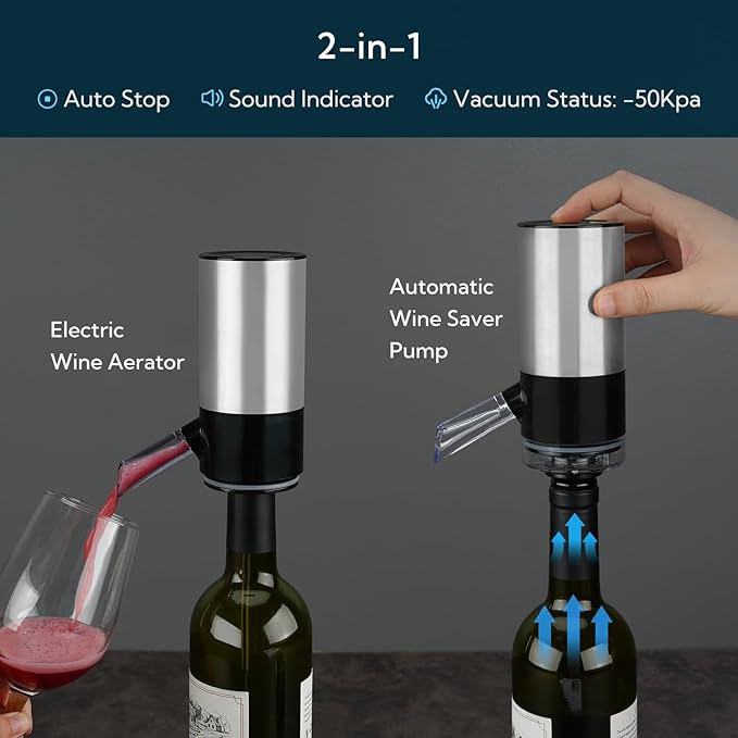 KITCHENDAO Rechargeable Electric Wine Aerator Dispenser and Wine Saver Pump, Built-in Sound Indicator, Automatic Wine Pourer with USB-C Cable, Storage Base and 2 Stoppers, Ideal Gift for Wine Lovers