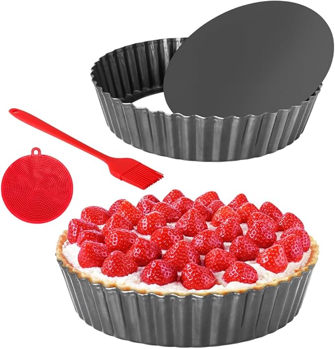 2 Pack 9.5 Inch Tart Pan Pie Pan, Heavy Duty Deep Quiche Pan with Removable Bottom, Nonstick Carbon Steel Deep-dish Round Pie Plate Tin with Oil & Dish Brush