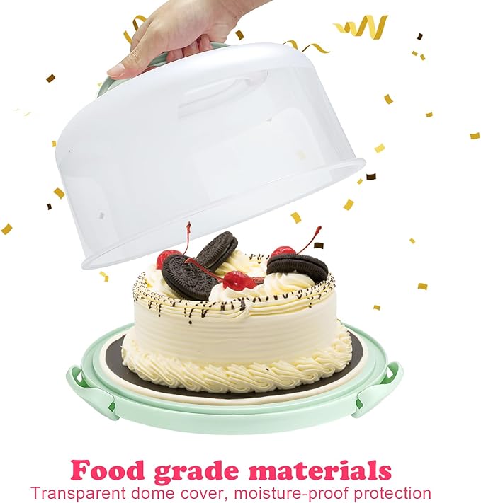 Cake Carrier with Lid and Handle, Fit 10’’ Cake Stand with Lid, Cake Transport Storage Container, Cake Containers Cover Stand with Lids, 3 Secure Side Closures (Green)