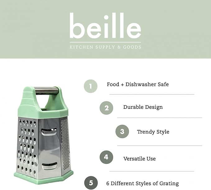 Beille 6 Side Stainless Steel Grater Top Handle Zester Slicer 7.75 Inch, Mint Green