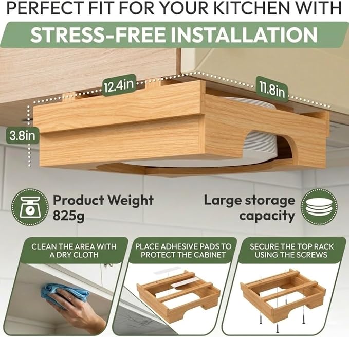 10 inch Paper Plate Dispenser Holder Bamboo Under Cabinet Vertical Rack for Kitchen Countertop Organizer Space Saver Shelf Lid Holder Counter Storage Can Dispenser Pantry Aid Caddy Estante wood