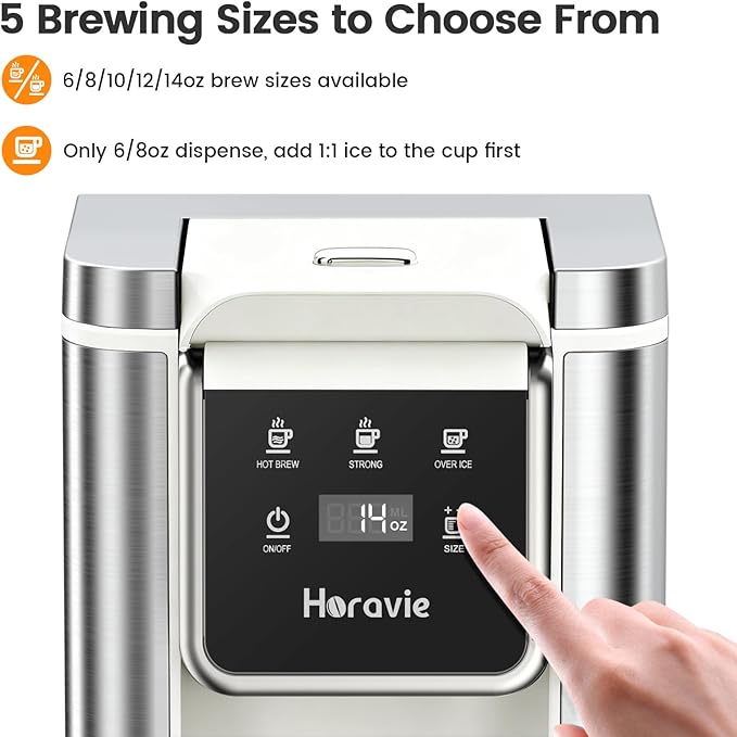 Horavie Single Serve Coffee Maker for K-Cup Pod & Grounds, Hot & Iced Coffee Maker, Strong Button Feature, 6 to 14oz Brew Sizes, 50oz Removable Reservoir, Fit 6.5" Mugs, Stainless Steel, White