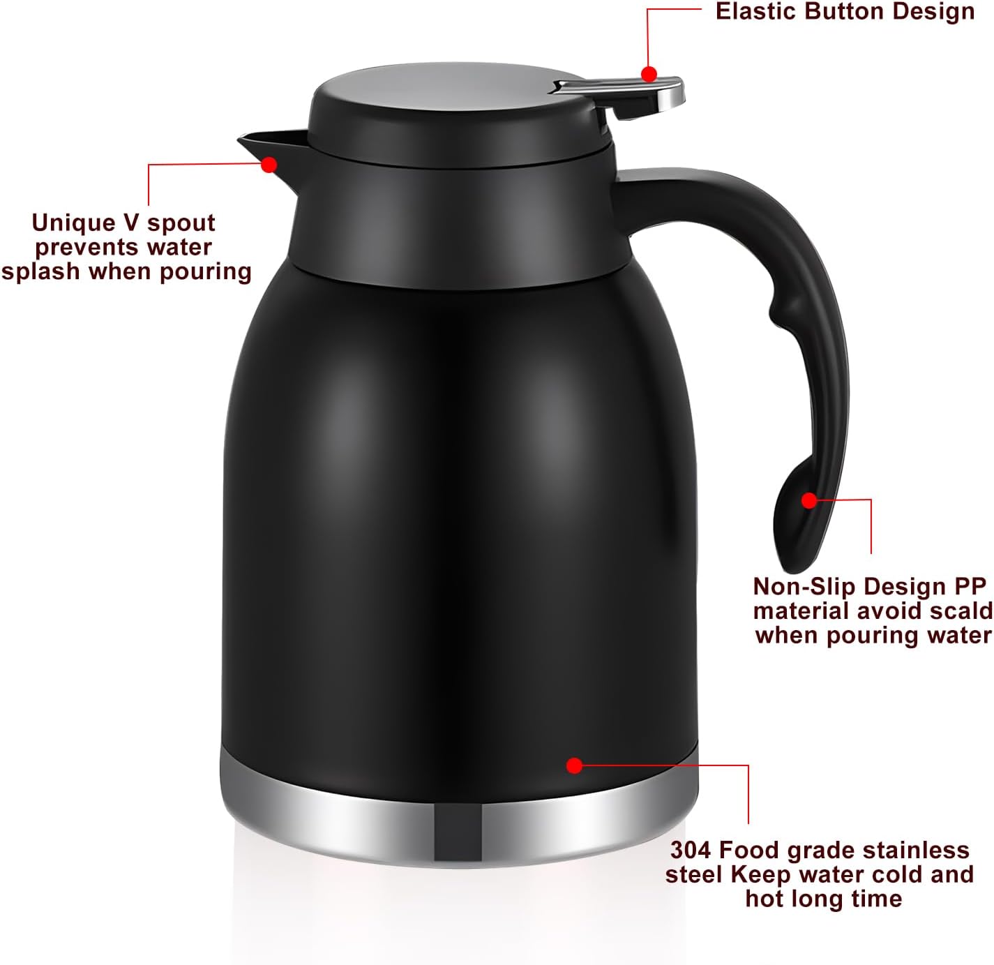 54oz Thermal Coffee Carafe Dispenser, Stainless Steel Double Wall Unbreakable Vacuum Flask 1.6L Water Tea Pot Pitcher for Hot Christmas Carafe Coffee for Home Gifts(Matte Black)