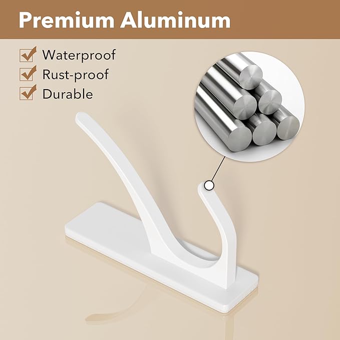 pickpiff White Self Adhesive Coat Hooks for Hanging: 13LB Extra Strong Stainless Wall Hook for Towel, Utensil, Backpack, Hat, Sturdy Metal Hanger for Bathroom, Kitchen, Door, 4-Pack