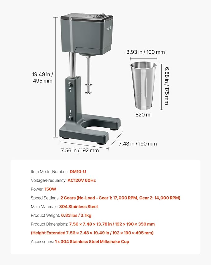VEVOR Milkshake Maker, 150W Single Head Milkshaking Machine, Height Ajustable, Dual-Speed Adjustment Drink Mixer Blender with 820ml Stainless Steel Cup, for Home, Kitchen, Bar & Beverage Shop