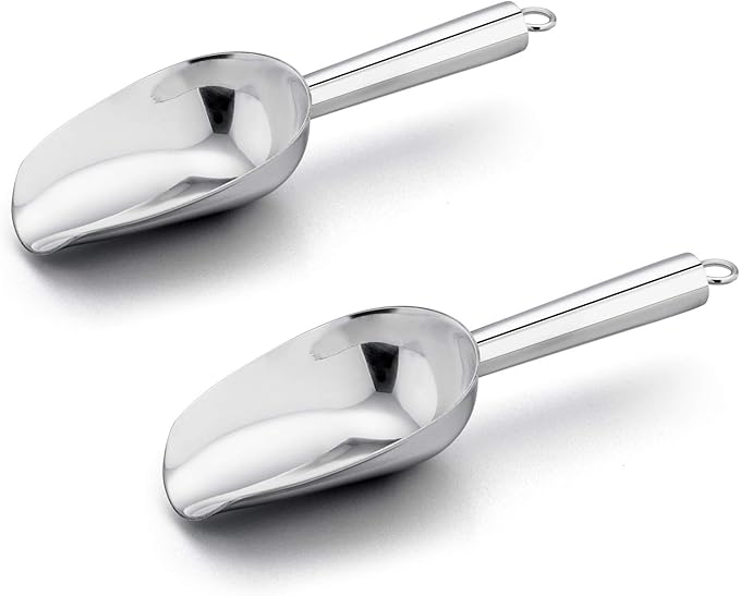 E-far 6 Ounce Ice Scoop Set of 2, Small Stainless Steel Scoops for Ice Cube/Candy/Flour/Sugar, Metal Utility Scoops for Canisters, Baking, Kitchen Pantry, Rust Free & Dishwasher Safe