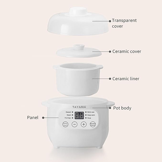 TAYAMA 1 Qt. White Mini Ceramic Stew Cooker with Pre-Settings and Built-In Timer, Small