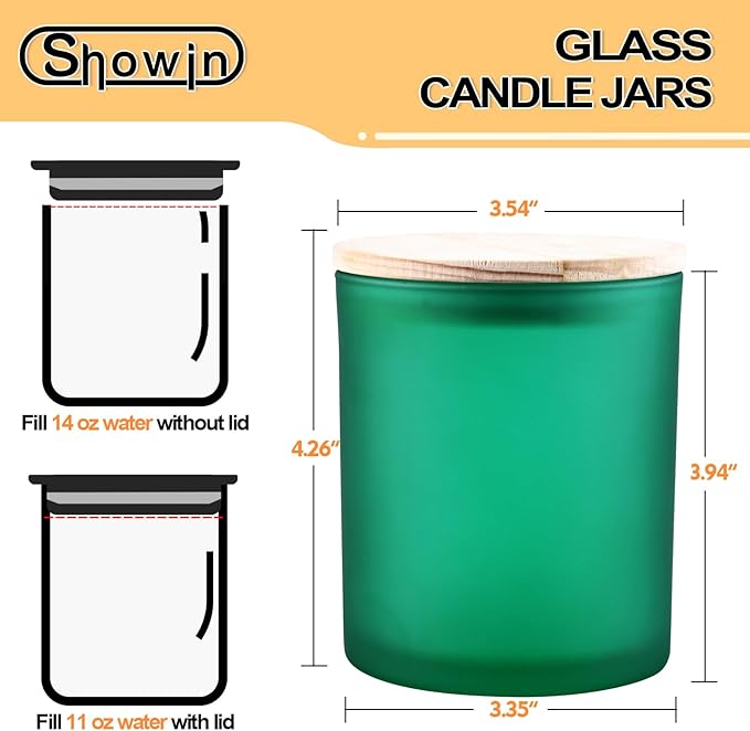 14 OZ Thick Candle Jars for Making Candles 12 Pcs, 3 Wick Empty Jars with Wood Lids for Candle Making, Sample Container, Frosted Green