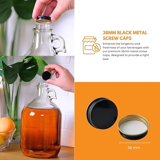 Fastrack 16-Pack 1 Gallon Glass Jug (128 oz) w/16 38mm Black Metal Screw Cap – Multipurpose 1 Gallon Jug, & Detergent Dispenser for Laundry, Glass Jar for Liquids, Water & Juice