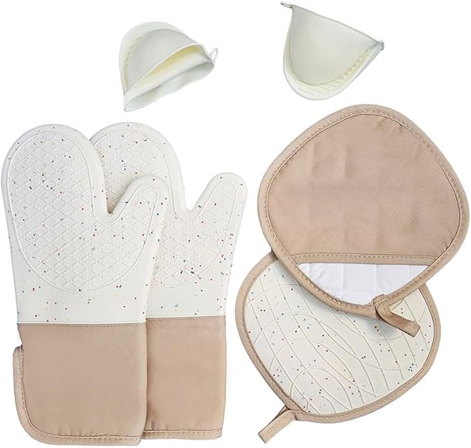 6-Piece Set Silicone Oven Mitts Cooking BBQ Gloves Non-Slip Heat Resistant Soft Cotton Lining Washable Baking Gloves Beige