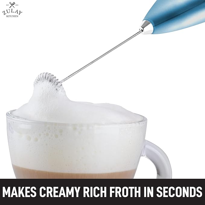Zulay Double Grip Milk Frother with Holster Stand – Handheld Electric Coffee Frother, One-Touch Foam Maker – Detachable SS Whisk for Latte, Cappuccino, Matcha, Hot Chocolate – Metallic Ice Blue