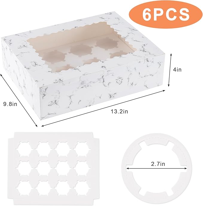 Hoewina 6PCS Cupcake Boxes - Hold 12 Count Cupcake Containers with Window, Food Grade Cupcake Holder Easy Transport and Presentation - Ideal for Cupcakes, Desserts, and More (Marble pattern)