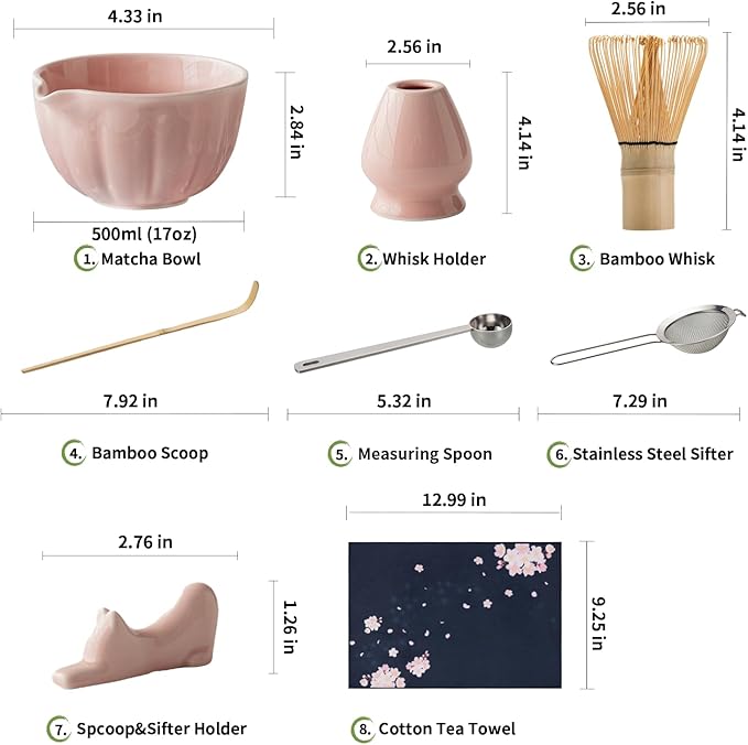 Matcha Whisk Set of 8 - HTRCXB Ceramic Matcha Set, Include Matcha Bowl, Matcha Whisk and Holder, Bamboo Scoop, Measuring Spoon, Scoop Rest, Sifter and Tea Towel - Matcha Kit Gift for Matcha Lovers
