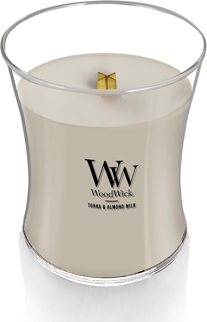 WoodWick Tonka & Almond Milk Gifts for Women and Men, 9.7 oz Medium Hourglass Candle with Crackling Wick